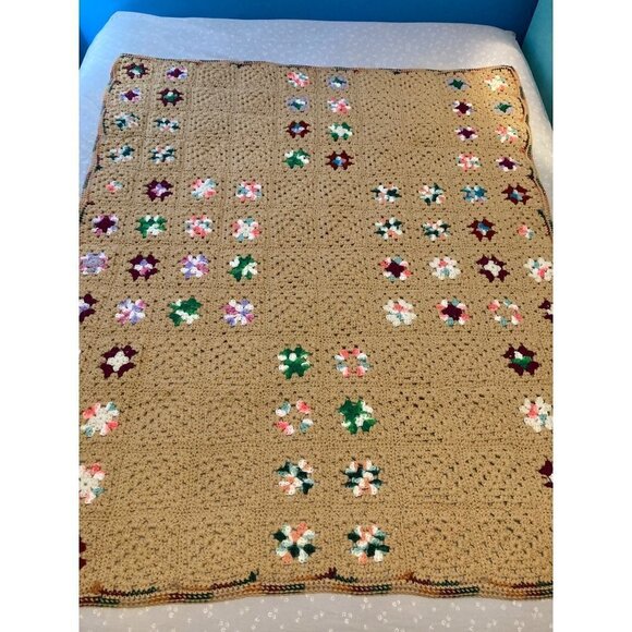 Handmade Granny Square Crocheted Blanket Tan w Multicolored Squares 50 x 60 - Picture 4 of 7